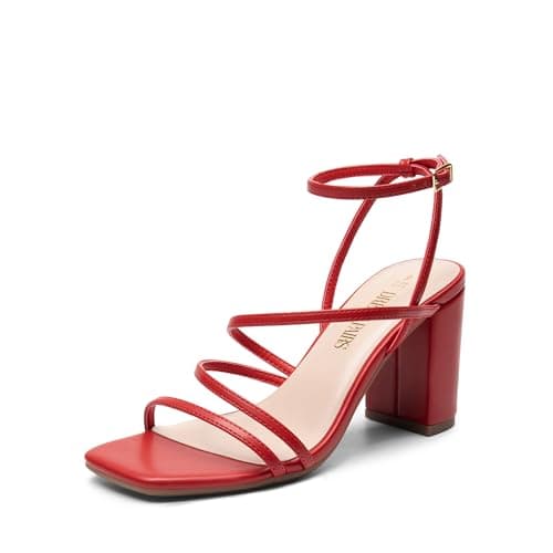 DREAM PAIRS Women's Heels Chunky Block Strappy Square Open Toe Ankle Buckle Heeled Sandals Wedding Party Dress Shoes Indie,Size 9,Red-Pu,SDHS2428W - Image 1