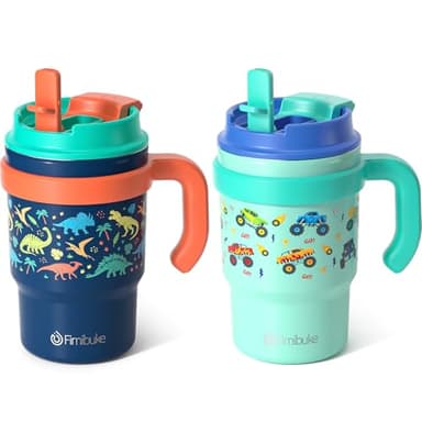 Fimibuke 16oz Kids Insulated Tumbler with Handle & Straws - 2 Pack BPA FREE 18/8 Stainless Steel Toddler Cups with Sip/Swig 2-in-1 Lids, Leak Proof Kid Drinking Cup Travel Mugs for Children Boys Girls - Image 1