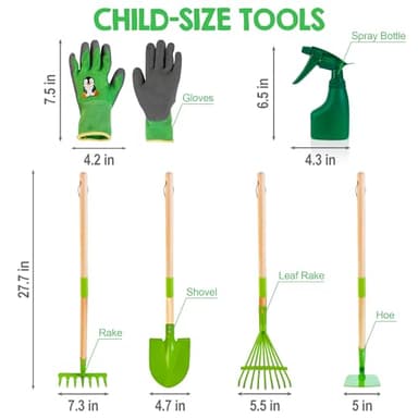 Amtreen Kids Gardening Tools Set - 6PCS Detachable Garden Tool Kit with Gloves, Shovel, Rake, Hoe, Leaf Rake & Spray Bottle - Wooden Handles with Hanging Hole, Perfect Outdoor Toy Gift for Ages 3-5 - Image 2