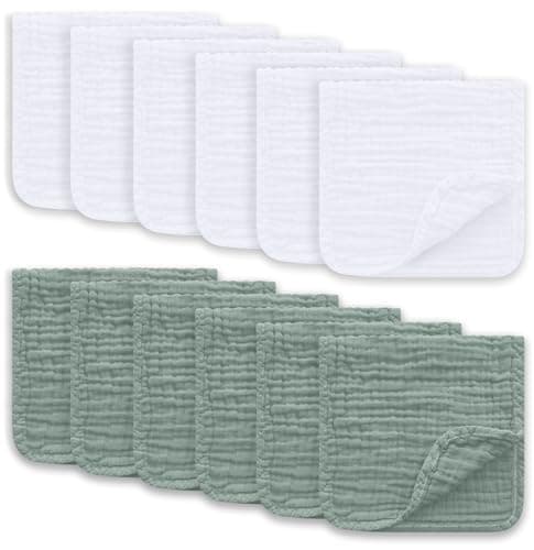 Ease Cubs Muslin Burp Cloths Large 100% Cotton Hand Washcloths for Boys & Girls, Baby Essentials Extra Absorbent and Soft Burping Rags for Newborn Registry (White & Green, 12-Pack, 20" X10") - Image 1