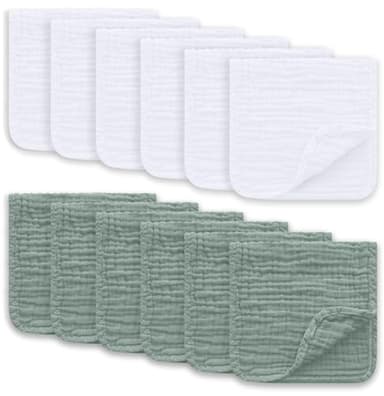 Ease Cubs Muslin Burp Cloths Large 100% Cotton Hand Washcloths for Boys & Girls, Baby Essentials Extra Absorbent and Soft Burping Rags for Newborn Registry (White & Green, 12-Pack, 20" X10") - Image 1