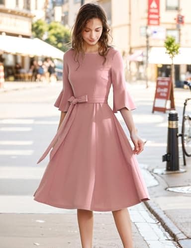 Modest Pink Dress for Church Elegant 3/4 Sleeve for Women Casual Bell Sleeve Dresses for Women Homecoming Teen Girls Blush 3XL - Image 3