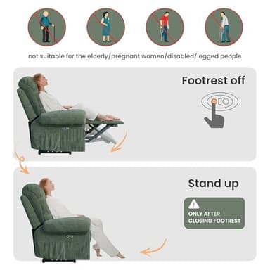 Welzona Updated Power Recliner Chair, Adjustable Electric Recliner Chairs for Adults, Ultra-Comfy Corduroy Recliner Chair for Small Space, Tool-Free Assembly, 2 Side Pockets and USB Port, Green - Image 4