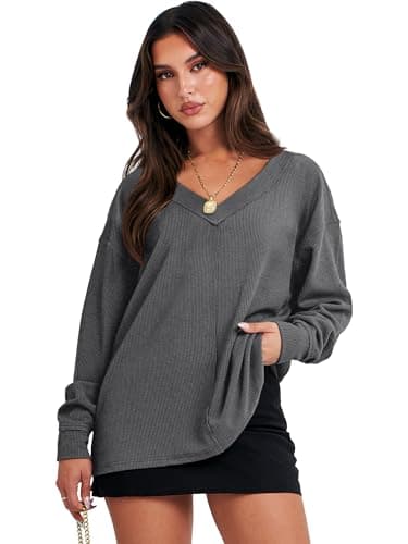 ANRABESS Oversized Long Sleeve Shirts for Women Off the Shoulder Sweatshirt Loose V Neck Tunic Tops High Low Sweater 2025 X-Small Dark Grey - Image 2