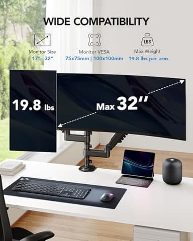 HUANUO 17-32 Inch Dual Monitor Stand, Gas Spring Dual Monitor Mount, Monitor Stand 2 Monitors, Ergonomic Adjustable Tilt/Swivel/Rotate, Weight Max 19.8 lbs, VESA 75/100mm - Image 2