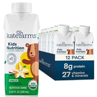 KATE FARMS Organic Kids Nutrition Vanilla Shake, 8g Protein, 27 Vitamins and Minerals, Meal Replacement, Gluten Free, Non-GMO, 8.45 oz (12 Pack) - Image 1