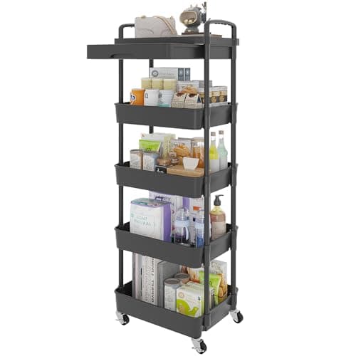 Calmootey 5-Tier Rolling Utility Cart with Drawer,Multifunctional Storage Organizer with Plastic Shelf & Metal Wheels,Storage Cart for Kitchen,Bathroom,Living Room,Office,Black - Image 1