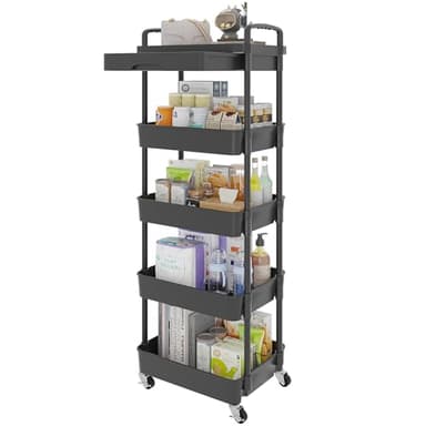 Calmootey 5-Tier Rolling Utility Cart with Drawer,Multifunctional Storage Organizer with Plastic Shelf & Metal Wheels,Storage Cart for Kitchen,Bathroom,Living Room,Office,Black - Image 1