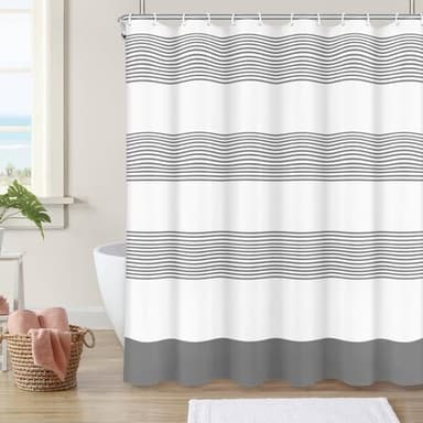 NECHEGI Shower Curtain Washable Cloth Bathroom Shower Curtain with 12 Hooks and Weighted Bottom, Fabric Rustic Striped Shower Curtain 72x72 Inches Grey - Image 7