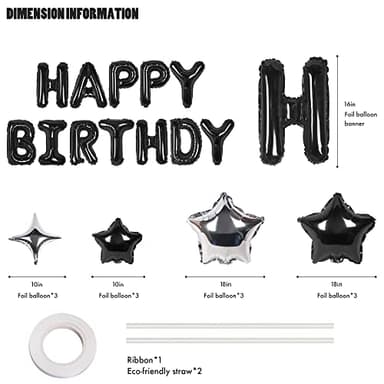 CANREVEL Happy Birthday Banner 13pcs 16 Inch Mylar Foil Letters with 12pcs Star Balloons Birthday Party Decorations - 3D Black - Image 2
