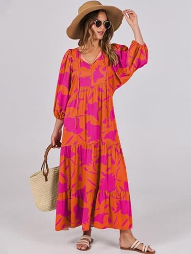 ANRABESS Womens Boho Maxi Dresses 2025 Summer V Neck Puff Sleeve Floral Flowy Swing Casual Long Dress Orange Rose Floral XX-Large - Image 2