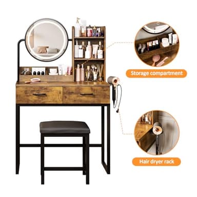 Makeup Vanity Desk with Round Mirror and Lights, White Vanity Makeup Table with 2 Drawers, Small Vanity Table for Bedroom with Lots Storage (Brown and Black, 15.75 * 31.5 * 53.6in) - Image 6