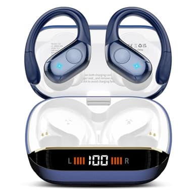 Wireless Earbuds Bluetooth 5.4 Headphones 75H Playtime Stereo Deep Bass Sports Ear Buds with Earhooks, LED Display Bluetooth Earbuds with 4 ENC Mic, IP7 Waterproof Earphone for Running, Dark Blue - Image 1