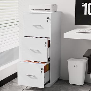 VINGLI 3 Drawer File Cabinet with Lock, Home Office Filing Organizer, for Letter Size File Folder Storage, Wood Tall Vertical Filing Cabinet, Printer Stand, Archivador (White) - Image 2