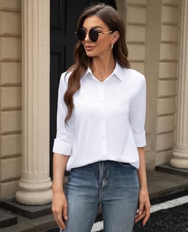 siliteelon Button Down Shirt Women White Collared Stain Shield Dress Shirts Wrinkle Free Long Sleeve Business Button Up Shirt Stretch Fitted Solid Casual Work Blouse - Image 6