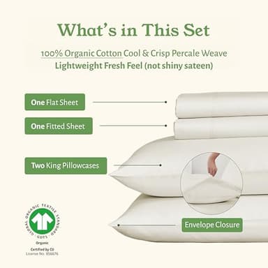 California Design Den Cal King Sheet Set - Soft 100% Organic Cotton Percale Sheets with Deep Pockets, Crisp, Breathable and Durable Bedding Set - Ivory (Cream Tone) - Image 2