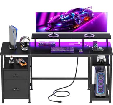 Furologee 61" Gaming Desk with Power Outlets & LED Lights, Reversible Computer Desk with File Cabinet & Monitor Stand for Home Office, Large Work Table with Storage Shelves & Drawer, Black - Image 1
