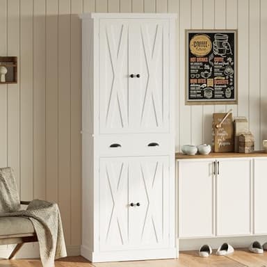 IRONCK Kitchen Pantry Storage Cabinet 72.6" H x 24" W, with Barn Doors, Drawer, 4 Adjustable Shelves, Freestanding Cupboard, Laundry, White - Image 9