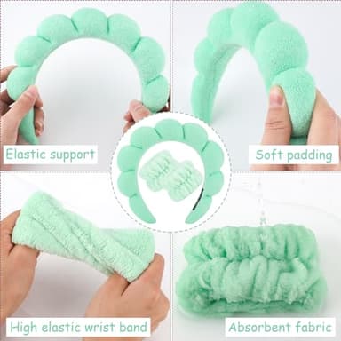 Zkptops Spa Headband for Washing Face Wristband Set Sponge Makeup Skincare Headband Wrist Towels Bubble Soft Hairband for Women Puffy Headwear Winter Non Slip Thick Thin Hair Accessory(Light Green-3) - Image 5