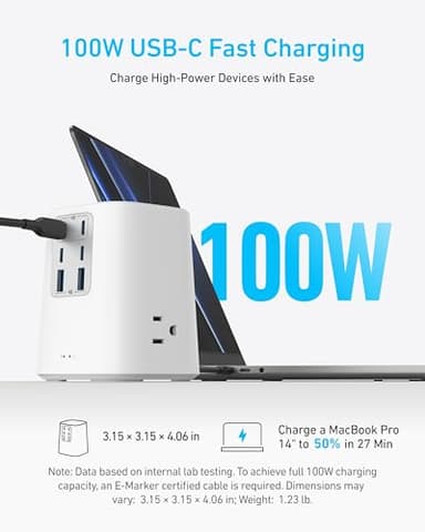 Anker Charging Station (100W), 9-in-1 USB-C Power Strip with 300J Surge Protection, for iPhone 16 and MacBook, 5 ft Flat Cable and Plug, 4 USB-C, 2 USB-A Ports, 3 AC Outlets, for Home, Office - Image 3