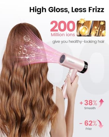 Dekuri Hair Dryer, 110,000 RPM High-Speed Fast Drying Blow Dryer, 200 Million Ionic Lightweight Hairdryer with Diffuser, Magnetic Nozzle, 4 Temps & 3 Speeds, Low Noise for Women & Men (Pink) - Image 3