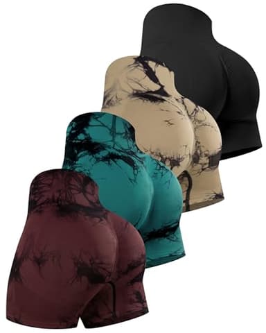 CHRLEISURE Women's 4 Packs Workout Gym Shorts, High Waisted Butt Lifting Scrunch Butt Seamless Booty Shorts(Black,Tie Dyed Cassis/Khaki/MGreen, 2XL) - Image 1