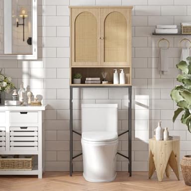 FiveWillowise Rattan Toilet Storage Cabinet, Over The Rack Wood Cabinet with Metal Stand, Bathroom Organizer with Adjustable Shelf, Tall Freestanding Washer Shelf, Small Cupboard, Natural - Image 1