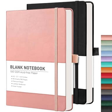 RETTACY Blank Journal Notebook, 2-Pack, 192 Pages per Pack, A5 Medium Size (5.7'' x 8.3''), Leather Hardcover, 100 GSM Thick Paper, for Sketching, Drawing, Painting (Black & Pink) - Image 1