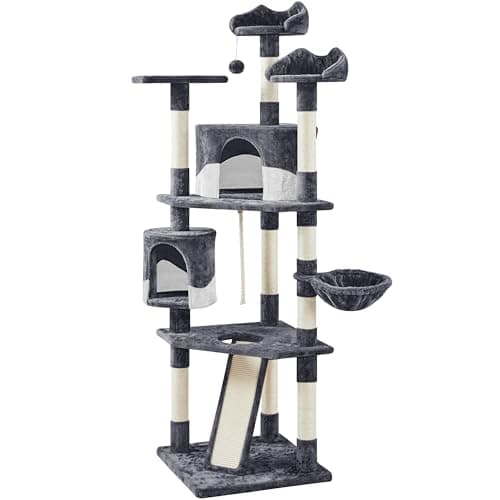 Yaheetech 79in Multi-Level Cat Trees Indoor Cat Tower with Sisal-Covered Scratching Posts, Plush Perches and Condo for Kittens, Cats and Pets - Dark Gray and White - Image 1