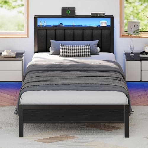 Furnulem Twin Size Bed Frame with Charging Station and LED Lights, Platform Bed with Metal Slats, Grey Upholstered Headboard with 2-Tier Storage Shelves, No Box Spring Needed - Image 1