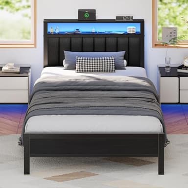 Furnulem Twin Size Bed Frame with Charging Station and LED Lights, Platform Bed with Metal Slats, Grey Upholstered Headboard with 2-Tier Storage Shelves, No Box Spring Needed - Image 1