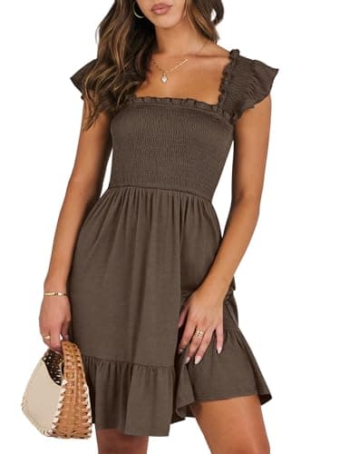 ANRABESS Women's Summer Casual Sleeveless Square Neck Dress 2025 Smocked Ruffle Backless Boho Beach Cute Teen Short Sundress Coffee Medium - Image 1