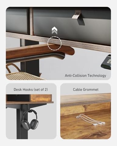 FEZIBO 60x30 inchs Height Adjustable Electric Standing Desk with 4 Drawers, Table with Storage Shelf, Sit Stand Desk with Splice Board, Black Frame/Rustic Brown Top - Image 9