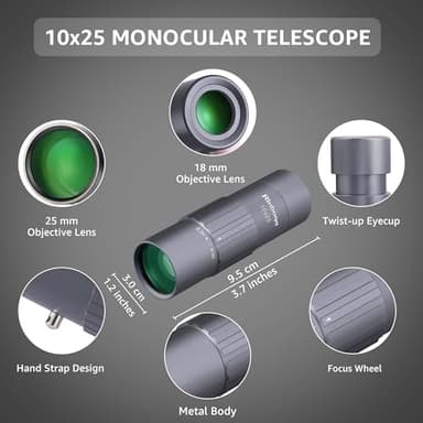 10x25 Monocular Telescope, Mini Pocket Small Size Compact Handheld Portable Lightweight ED Glass HD Optics BAK-4 Roof Prism High Powered Waterproof for Adults Camping Hiking Travel Bird Watching - Image 2