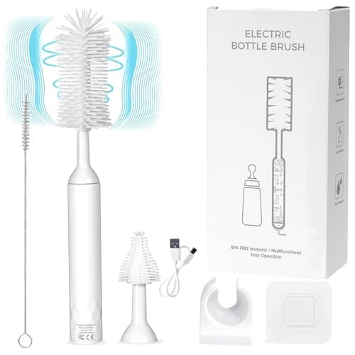 Electric Baby Bottle Brush, Rechargeable Cleaning Brush with Waterproof and Wall-Mounted Design, Silicone Bottle/Pacifier/Straw Brush, 360° Rotating Cleaning, for New Mom (White) - Image 1