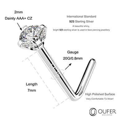 OUFER 925 Sterling Silver Nose Stud, Bone L Screw Shaped Nose Rings, 20G Nostril Solid 2mm Round CZ Nose Piercing Jewelry for Women Men - Image 4