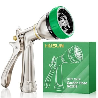 HOSUN Garden Hose Nozzle Sprayer Heavy Duty, 100% Metal Water Hose Nozzle with 7 Spray Patterns, High Pressure Hose Spray Nozzle with Lockable Rear Trigger for Watering Plant & Lawn, Washing Car & Pet - Image 1