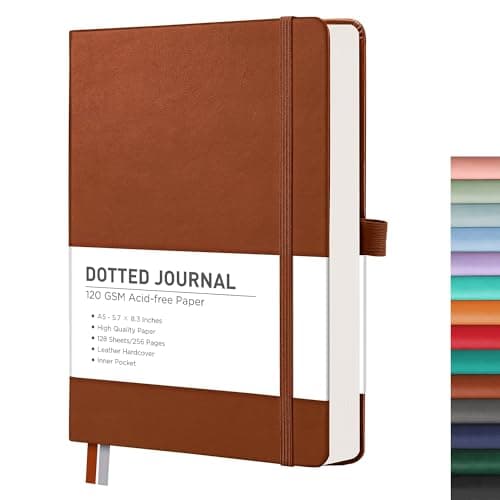 RETTACY Bullet Dotted Journal Notebook, 256 Pages, A5 Medium Size (5.7'' × 8.3''), Leather Hardcover, 120 GSM Thick Paper, for Bullet Journaling, Planning, Tracking (Brown) - Image 1