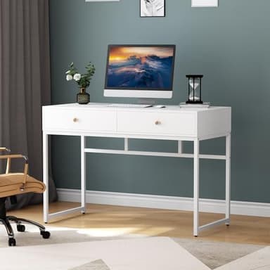 Tribesigns Computer Desk, Modern Simple 47 inch Home Office Desk Study Table Writing Desk with 2 Storage Drawers, Makeup Vanity Console Table, White and Gold - Image 7