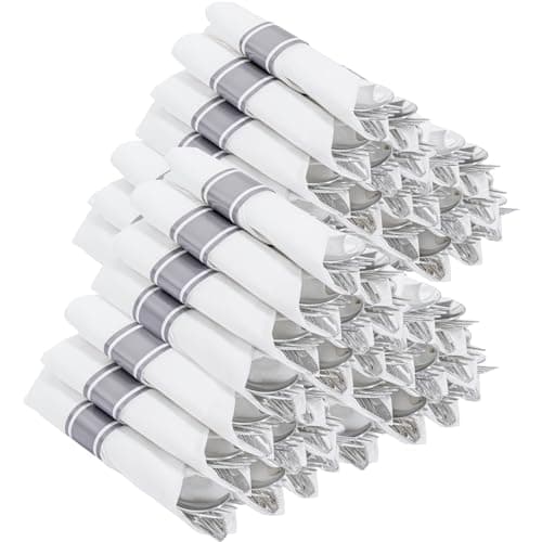 Joyido 400PCS Pre Rolled Silver Plastic Silverware Sets - Heavy Duty Silver Cutlery - Include 100 Pack Wrapped Disposable Utensils with Napkins for Parties & Dinners & Weddings - Image 1