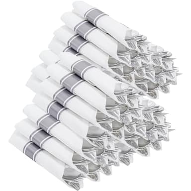Joyido 400PCS Pre Rolled Silver Plastic Silverware Sets - Heavy Duty Silver Cutlery - Include 100 Pack Wrapped Disposable Utensils with Napkins for Parties & Dinners & Weddings - Image 1