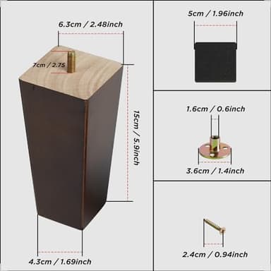 HAUSIST 6 Inch Wood Furniture Legs - Set of 4, Solid Wooden Square Couch Sofa Replacement Legs, Mid-Century Modern Feet for Coffee Table, Dresser, Ottoman, Bench, Armchair, Cabinet, Bed - Brown - Image 7