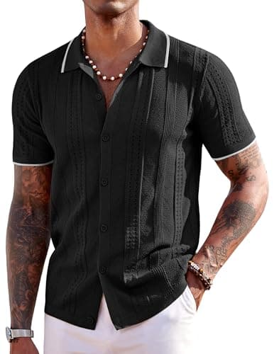COOFANDY Men's Knit Shirts Short Sleeve Button Down Polo Shirt Fashion Casual Summer Beach Shirts - Image 1