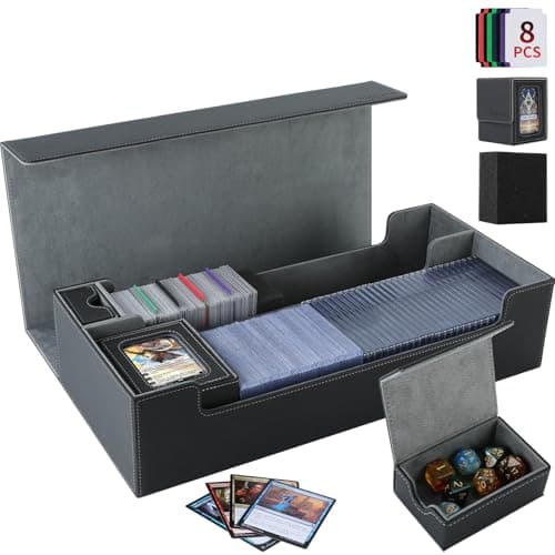 Trading Card Storage Box, 2200+ MTG Deck Box Leather Magnetic Closure Commander Deck Box, Holds 5 Small Deck Boxes, Includes 1 Small Box, 8 Dividers, 1 Foam Stopper, 1 Toploader, Black/Grey - Image 1