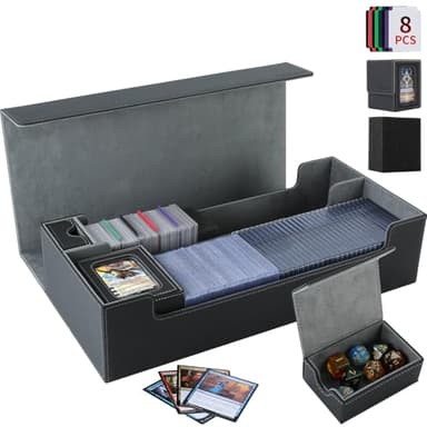 Trading Card Storage Box, 2200+ MTG Deck Box Leather Magnetic Closure Commander Deck Box, Holds 5 Small Deck Boxes, Includes 1 Small Box, 8 Dividers, 1 Foam Stopper, 1 Toploader, Black/Grey - Image 1