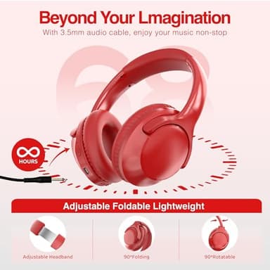 MIDOLA Bluetooth Headphones Over Ear 68H Playtime 6 EQ Wireless Headset with Microphone HiFi Stereo Foldable Lightweight Deep Bass for Travel Home Office Cellphone Red - Image 6