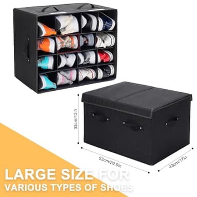 FBBABB 16 Pairs Shoe Storage Box, Foldable Shoe Storage Containers Baskets Boxes Bins Adjustable Dividers for Shoes, Sandal, Sneakers and High Heeled, Stackable and Foldable (Black) - Image 3
