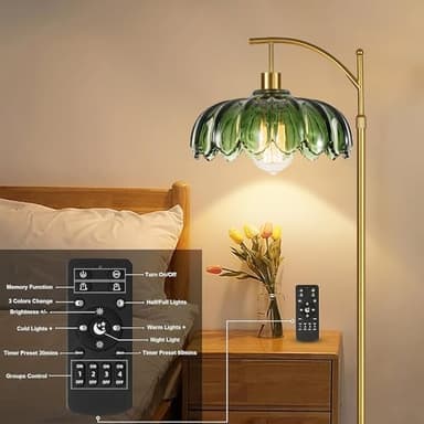 Gold Floor Lamps for Living Room,Glass Floor Lamp with Remote Control & Green Lampshade,Arc Flower Floor Lamp Dimmable Mid Century Modern Standing Lamp Vintage Brass Tall Lamp For Bedroom Corner - Image 8