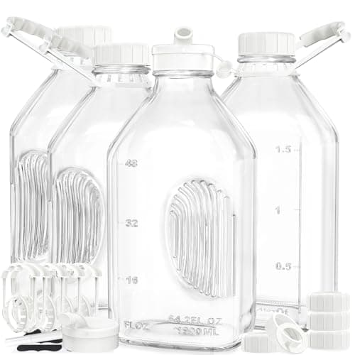 Syntic 4 Pack 2 Qt Glass Milk Bottles with Handle and Airtight Reusable Screw Lids, 1/2 Gal Glass Water & Juice Bottles with 2 Pour Spouts, 64 Oz Milk Jug Pitcher w Scale - Image 1
