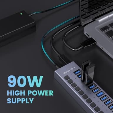 90W Powered USB Hub - ACASIS 16 Ports USB 3.0 Data Port, Aluminum Housing, Individual On/Off Switches, 12V/7.5A Power Adapter, USB Splitter for Laptop, PC, Computer, Printer - Image 2